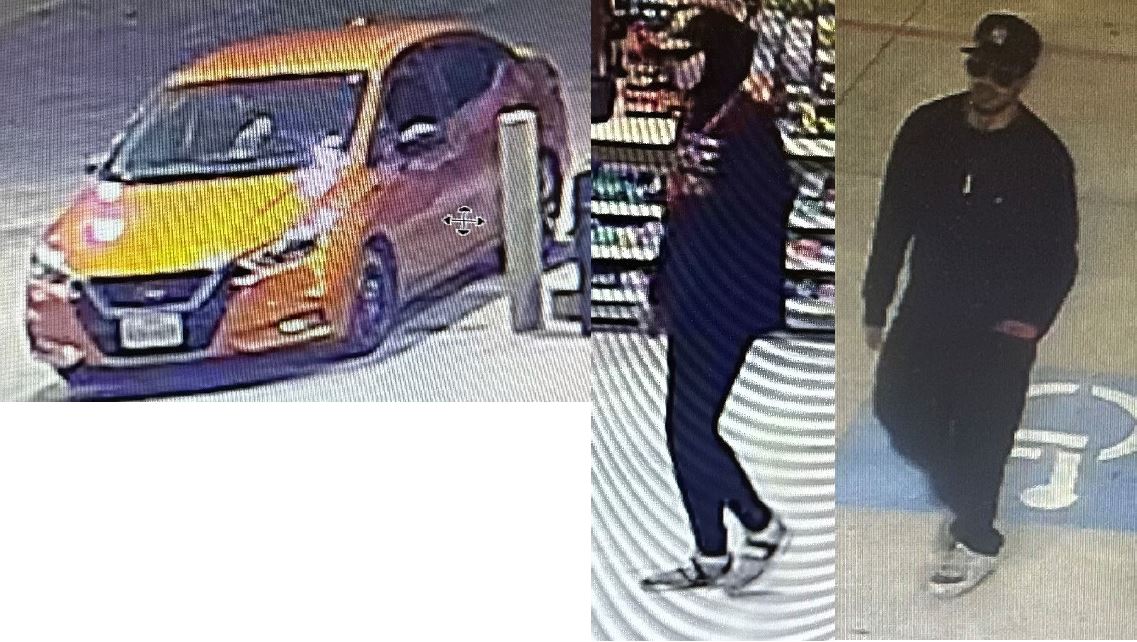 Three-photo camera footage collage. Left photo contains yellow four-door sedan at a gas pump. Middle photo contains first suspect wearing dark skinny jeans, sneakers, a black oversized hoodie and a black ball cap with a design on the front. The third photo on the right contains a short bearded male suspect wearing all black with a ball cap and sunglasses.. 